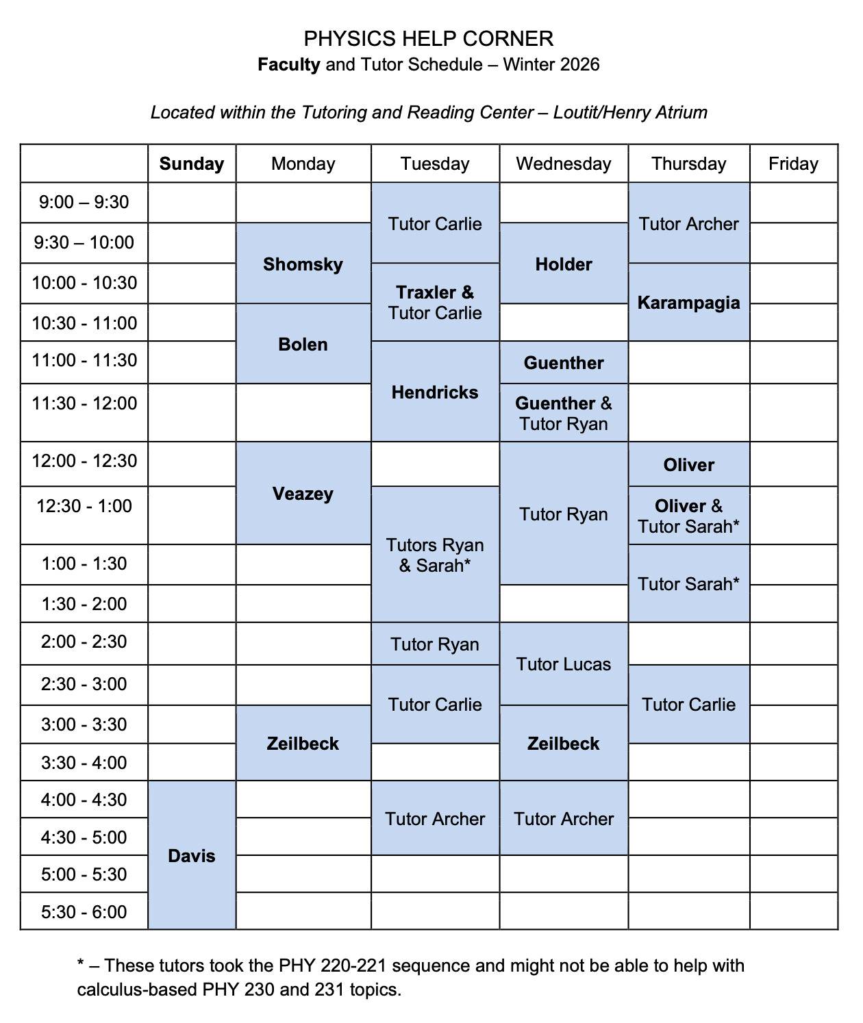 W2026 weekly schedule for the Physics Help Corner